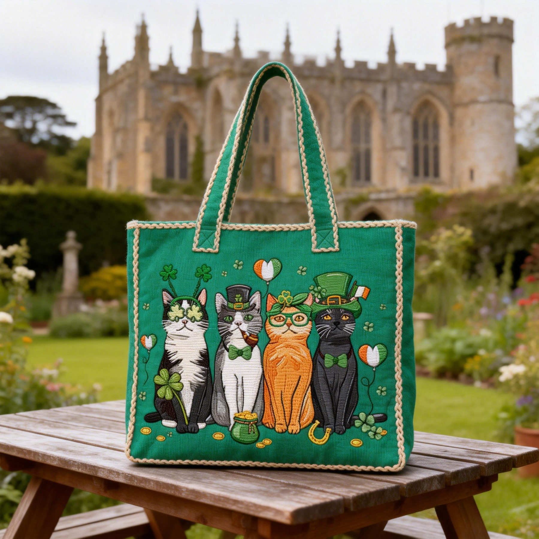 Lucky Shamrock & Leprechaun Cat Embroidered Tote Bag St.Patrick Day Canvas Handbag