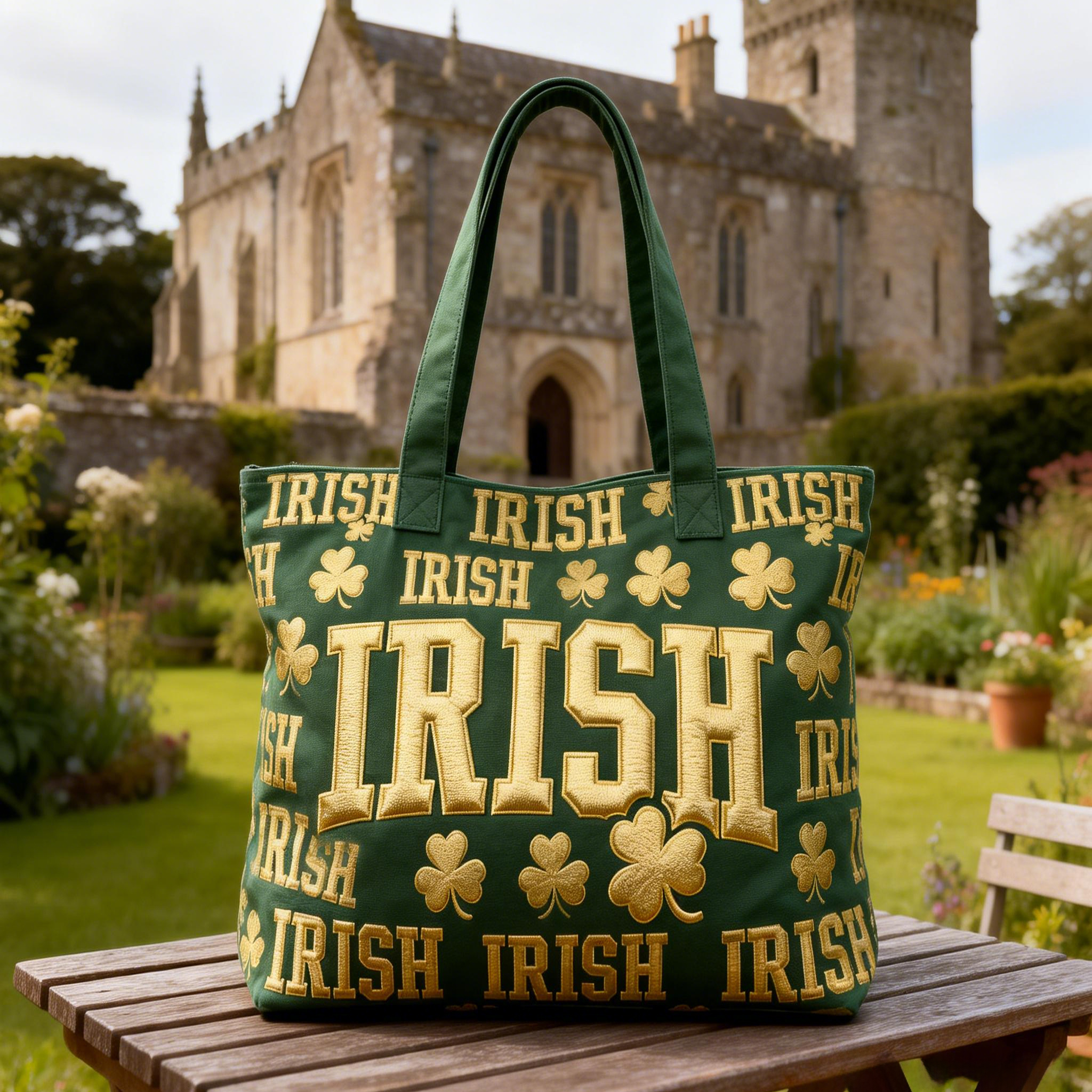 Gold "IRISH" & Shamrock Embroidered Tote Bag St.Patrick Day Canvas Handbag