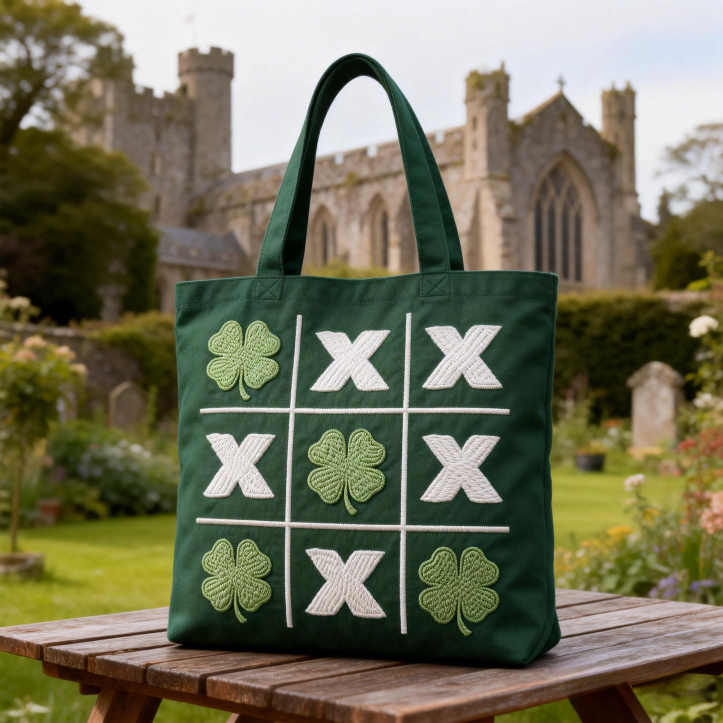 Shamrock Tic-Tac-Toe Embroidered Tote Bag St.Patrick Day Canvas Handbag
