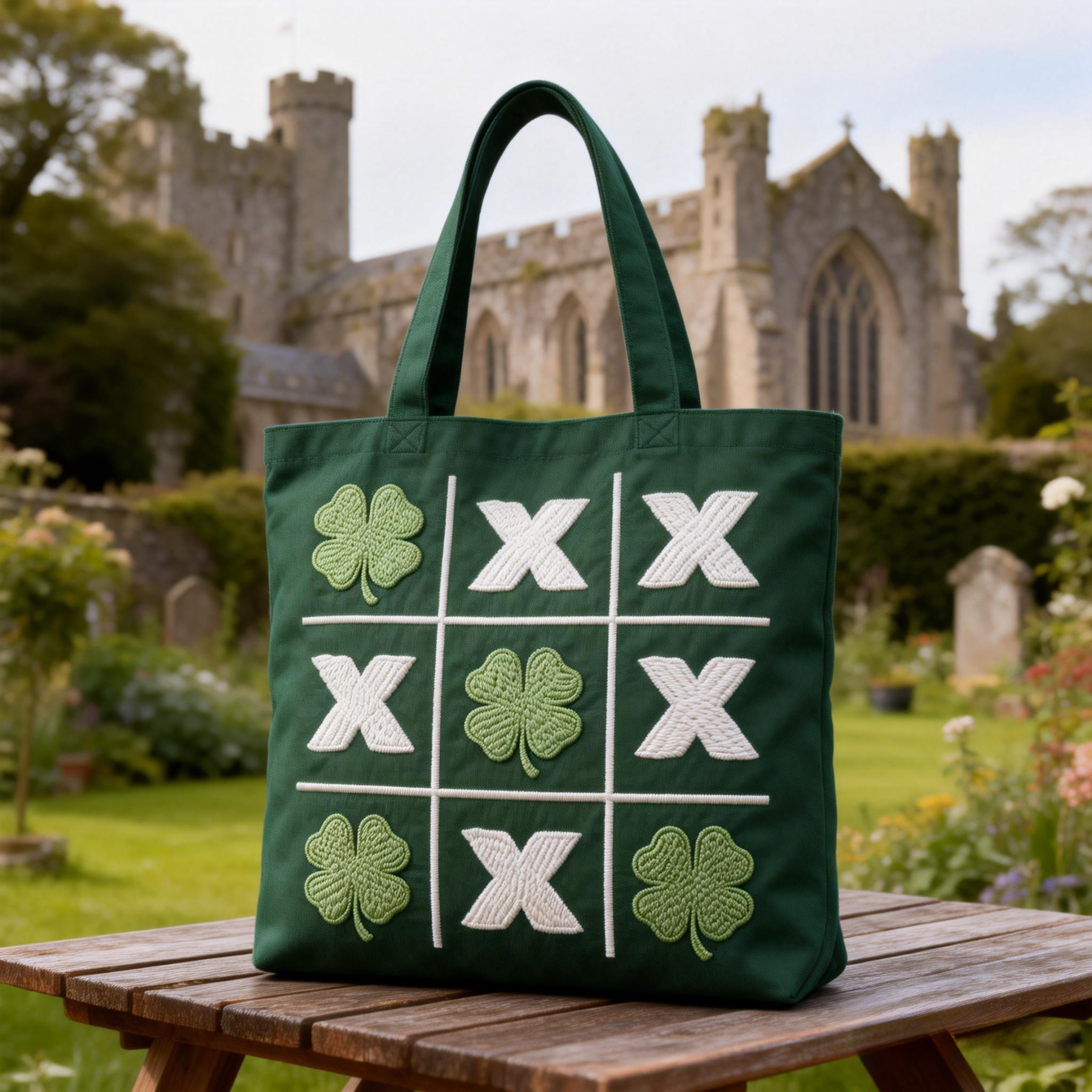 Shamrock Tic-Tac-Toe Embroidered Tote Bag St.Patrick Day Canvas Handbag