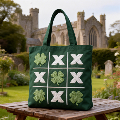Shamrock Tic-Tac-Toe Embroidered Tote Bag St.Patrick Day Canvas Handbag