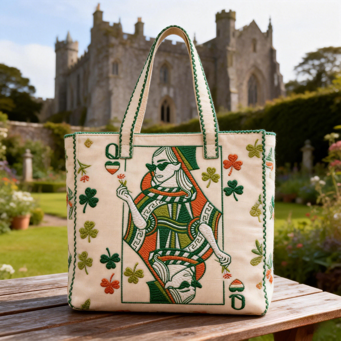 Retro Embroidered Queen of Hearts Tote Bag Irish Shamrock Canvas Handbag