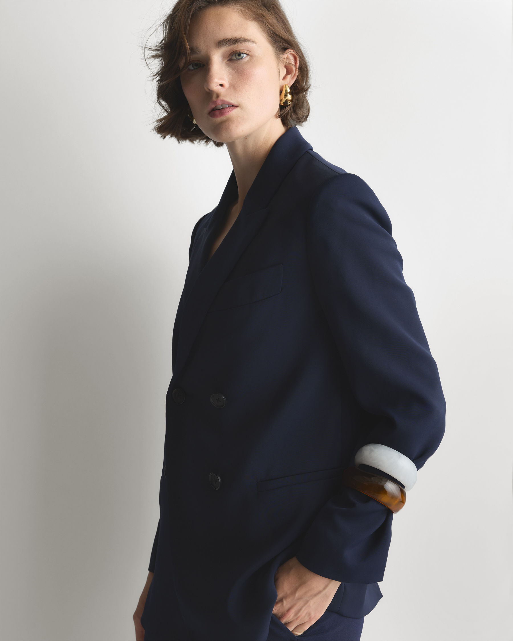 Stretch Crepe Relaxed Double-Breasted Blazer