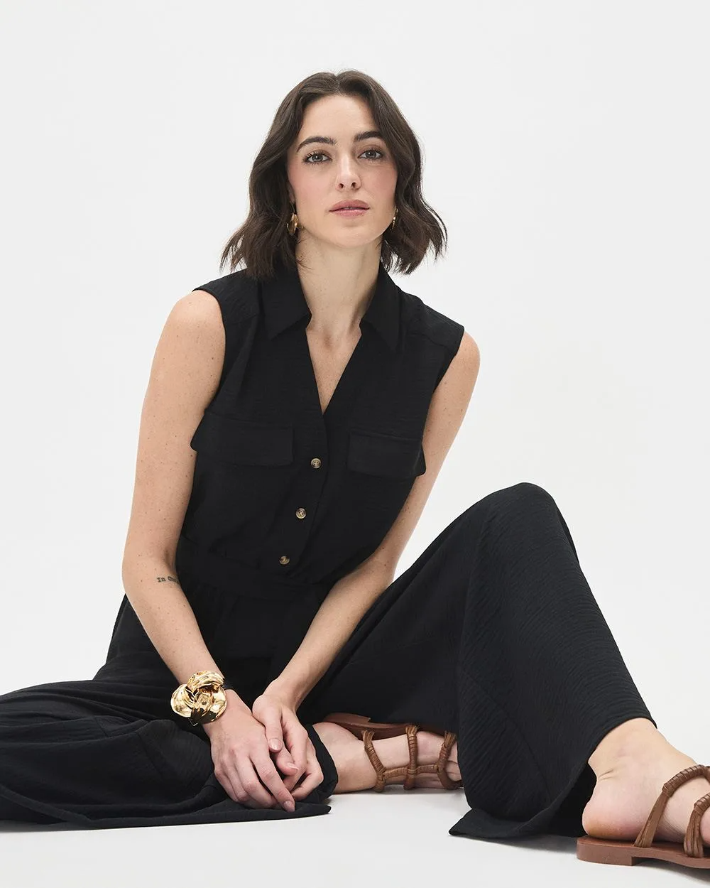 Sleeveless Wide-Leg Jumpsuit with Utility Pockets