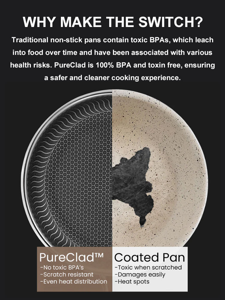 A century-old masterpiece: 316L stainless steel pan with Japanese honeycomb texture—truly non-stick, no coating, no fumes, no toxins. Healthy cooking, perfected.