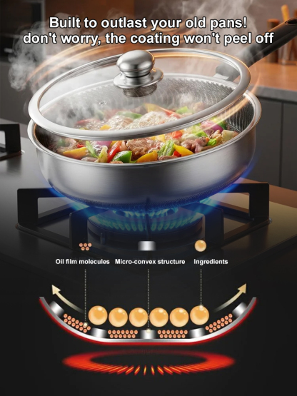 A century-old masterpiece: 316L stainless steel pan with Japanese honeycomb texture—truly non-stick, no coating, no fumes, no toxins. Healthy cooking, perfected.