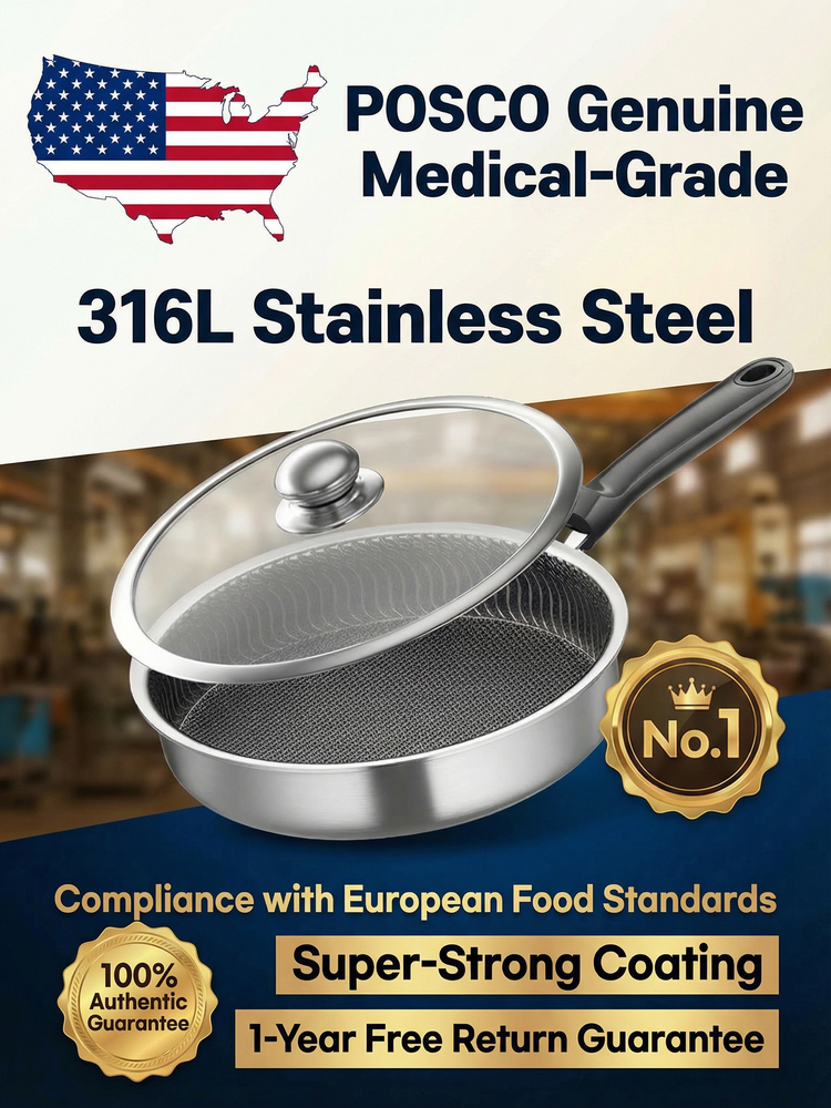 A century-old masterpiece: 316L stainless steel pan with Japanese honeycomb texture—truly non-stick, no coating, no fumes, no toxins. Healthy cooking, perfected.