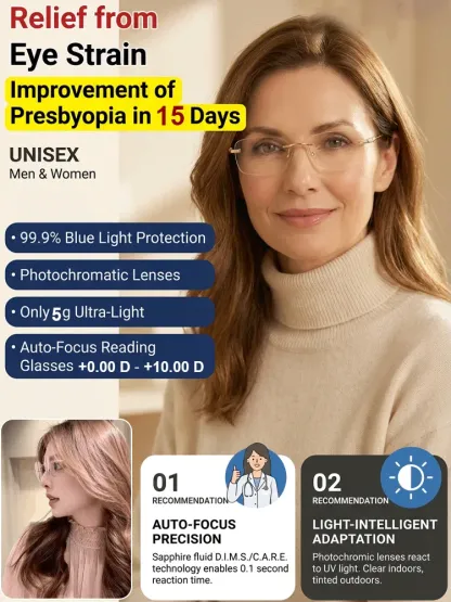 【-7.0~7.0D Auto】Photosensitive Color-Changing Auto Focus Glasses
