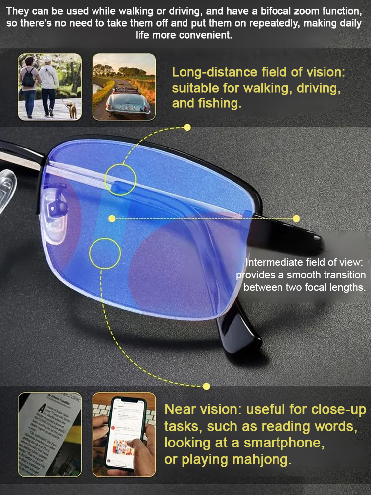 Reading glasses with titanium frames and bifocal lenses