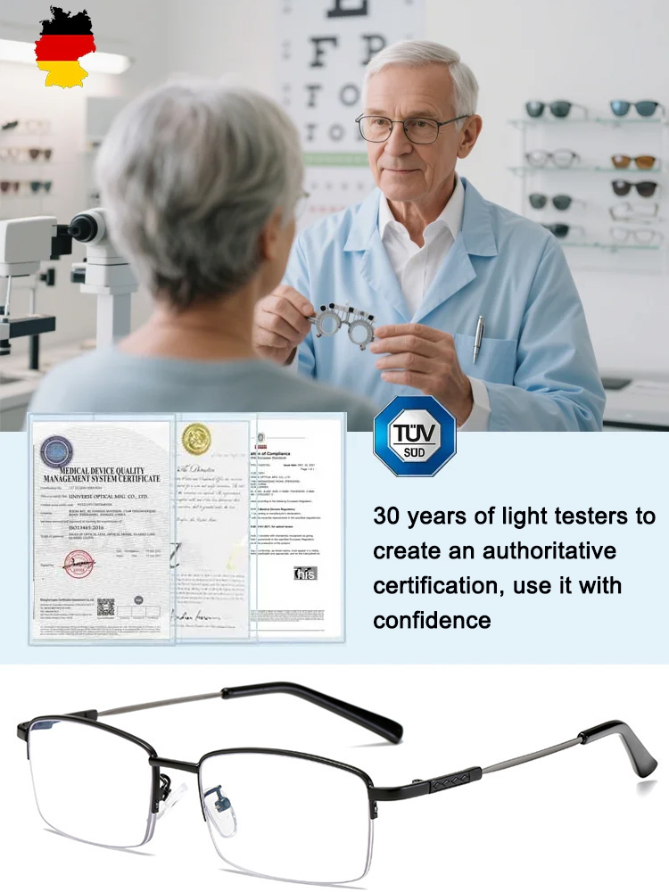 Reading glasses with titanium frames and bifocal lenses