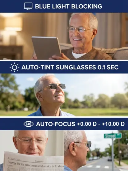 【-7.0~7.0D Auto】Photosensitive Color-Changing Auto Focus Glasses