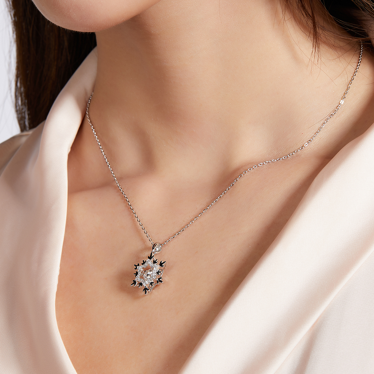 Silver Snowflake Diamond-Accented Pendant Necklace