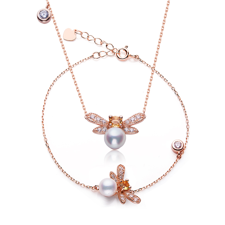 S925 Silver Plated Rose Gold Pearl Butterfly Jewelry Set