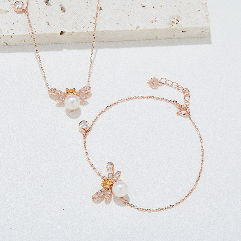 S925 Silver Plated Rose Gold Pearl Butterfly Jewelry Set