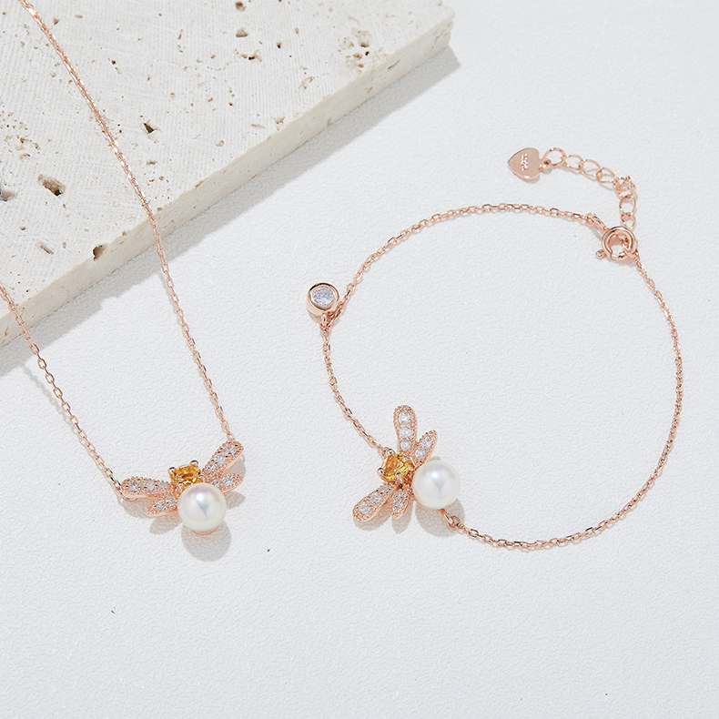 S925 Silver Plated Rose Gold Pearl Butterfly Jewelry Set