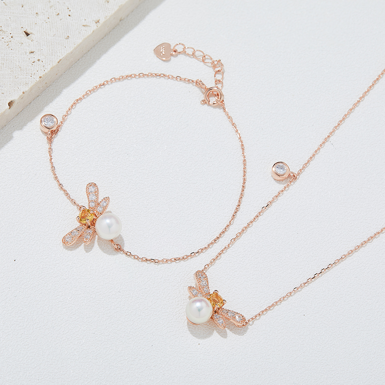 S925 Silver Plated Rose Gold Pearl Butterfly Jewelry Set