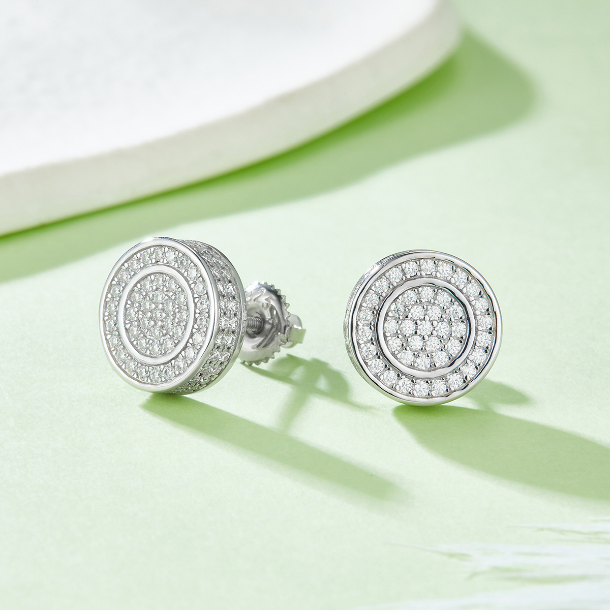 J013A Round Double-Ring S925 Silver Earrings with Thread, Moissanite & D-Colour 0.95ct Diamond