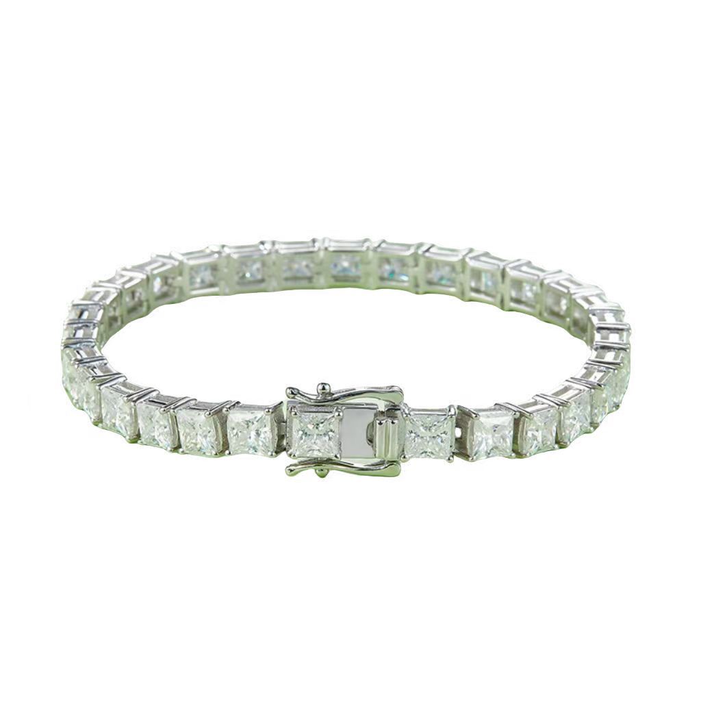 S925 Silver Plated White Gold Tennis Chain Bracelet with Square Inlaid 0.5CT Each Moissanite (DVVS Clarity)