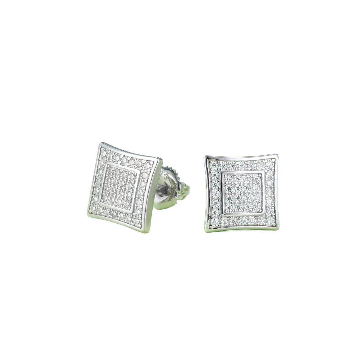 J021A Square Double-Ring S925 Silver Earrings with Thread, Moissanite & D-Colour 0.41ct Diamond