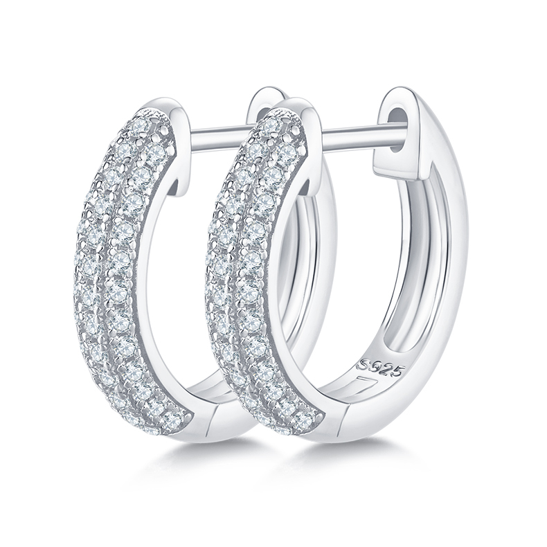 K007A Triple-Row Half-and-Half Earrings, S925 Silver with Moissanite & D-Colour 0.37ct Diamond