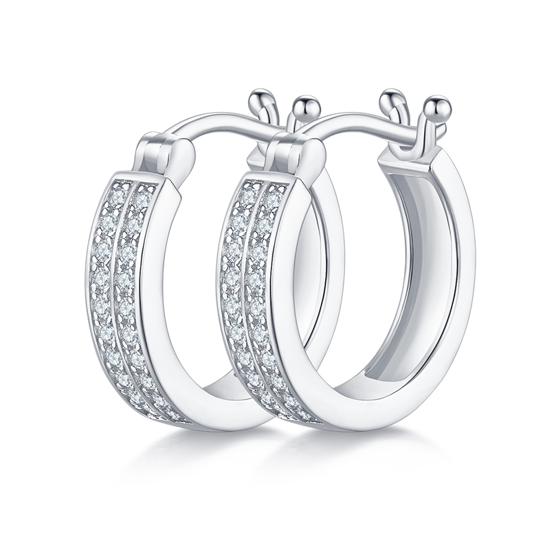 K012A Double-Row Half-and-Half Earrings, S925 Silver with Moissanite & D-Colour 0.24ct Diamond