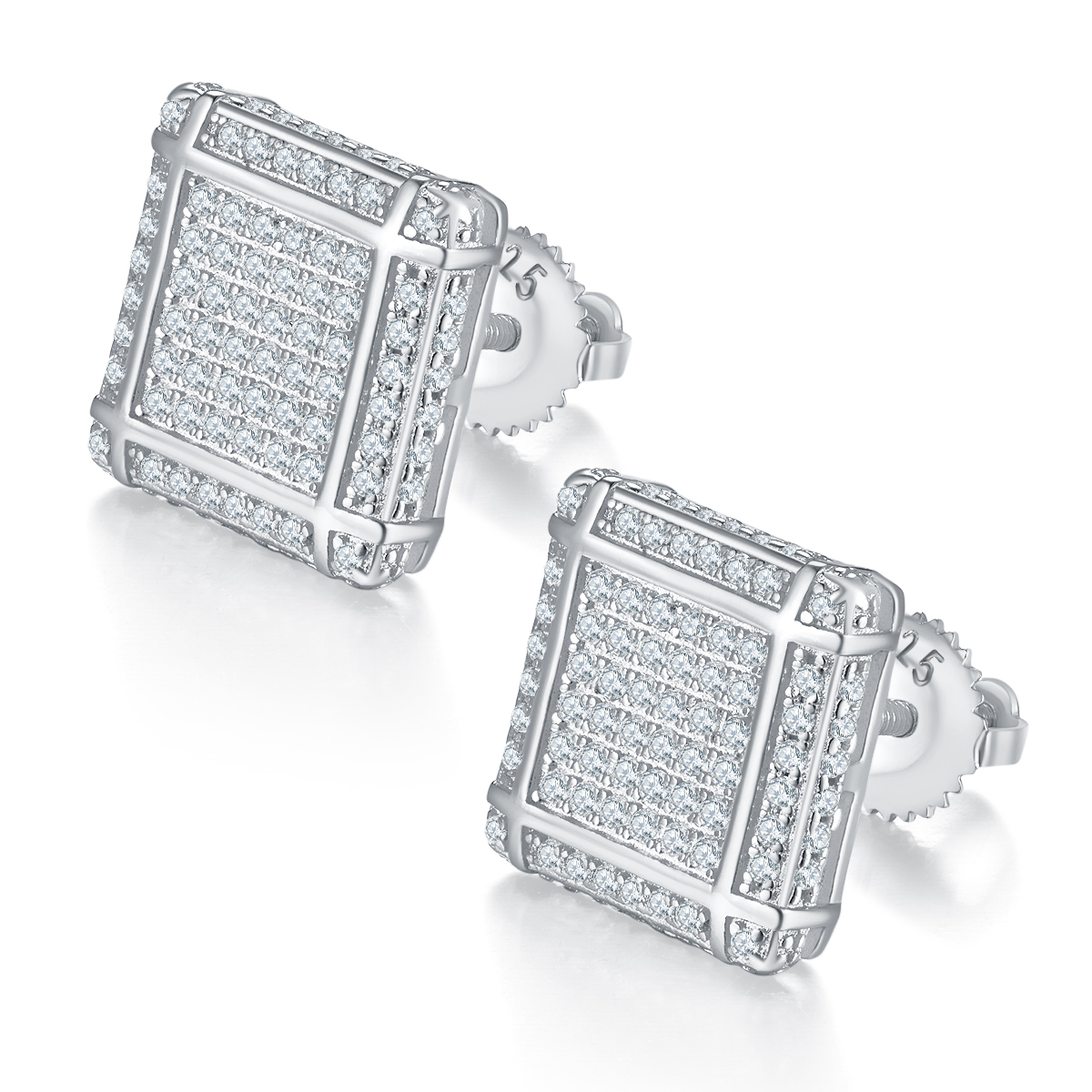 J018A Square Checkerboard S925 Silver Earrings with Thread, Moissanite & D-Colour 0.77ct Diamond