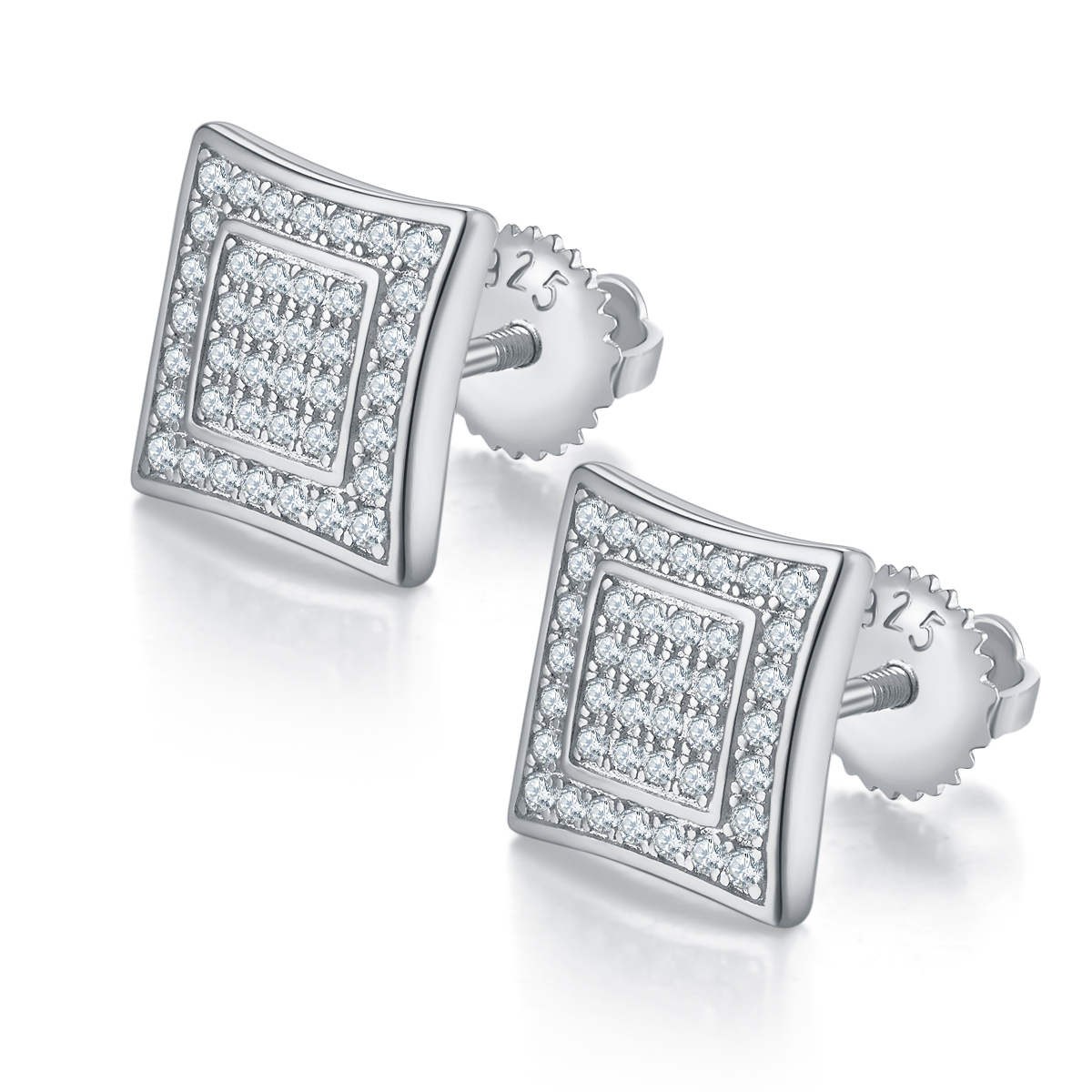J021A Square Double-Ring S925 Silver Earrings with Thread, Moissanite & D-Colour 0.41ct Diamond