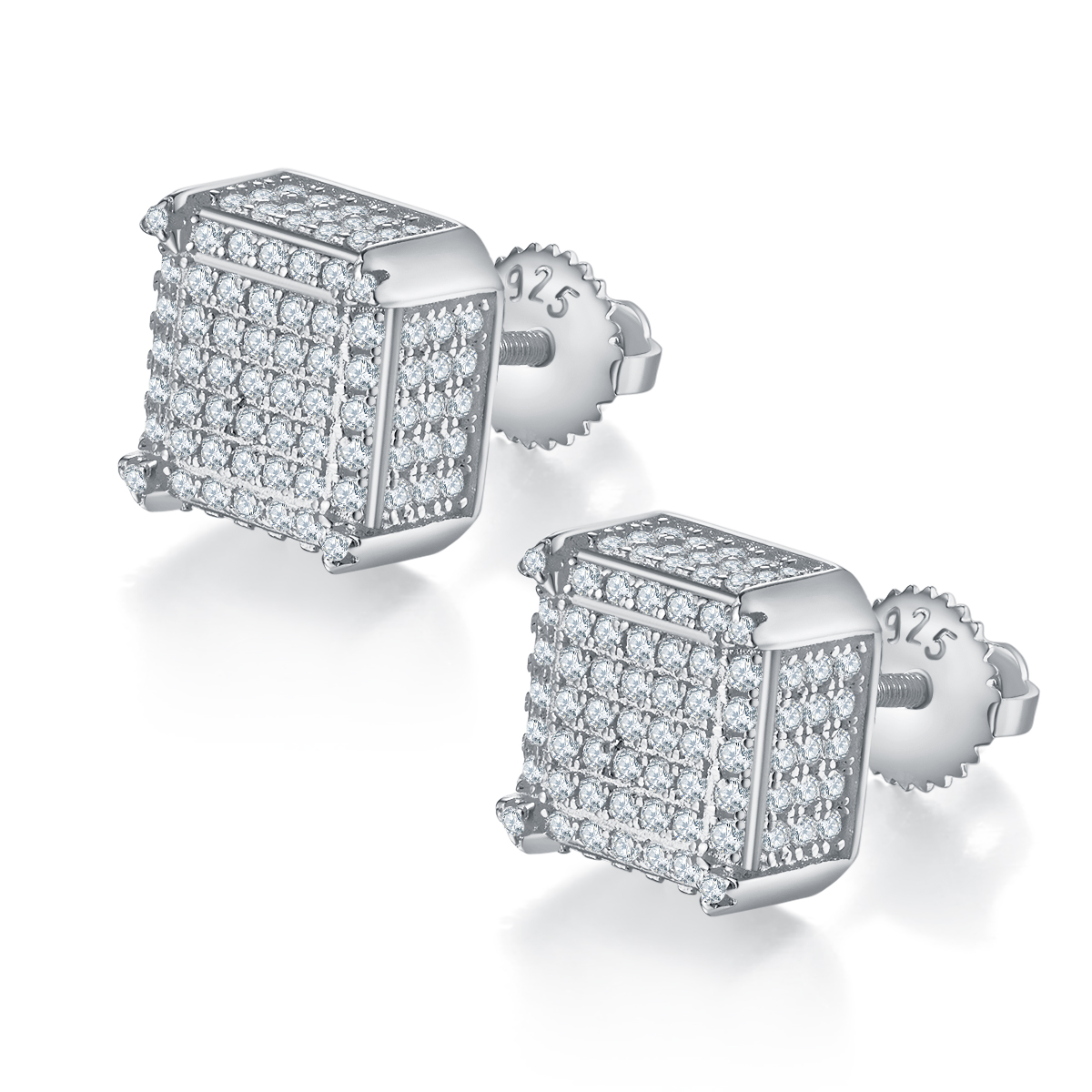 J020A Square Side-Set S925 Silver Earrings with Thread, Moissanite & D-Colour 1.0ct Diamond