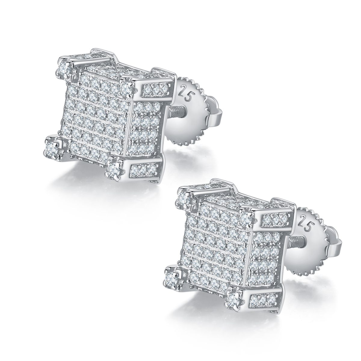 J019A Square Column S925 Silver Earrings with Thread, Moissanite & D-Colour 1.06ct Diamond
