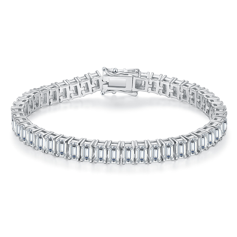 UWQD Rectangular-Cut Stone Inlaid Tennis Chain, S925 Silver Plated with White Gold Bracelet, 0.5CT D-VVS Grade Moissanite per Piece