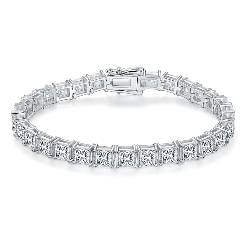 S925 Silver Plated White Gold Tennis Chain Bracelet with Square Inlaid 0.5CT Each Moissanite (DVVS Clarity)