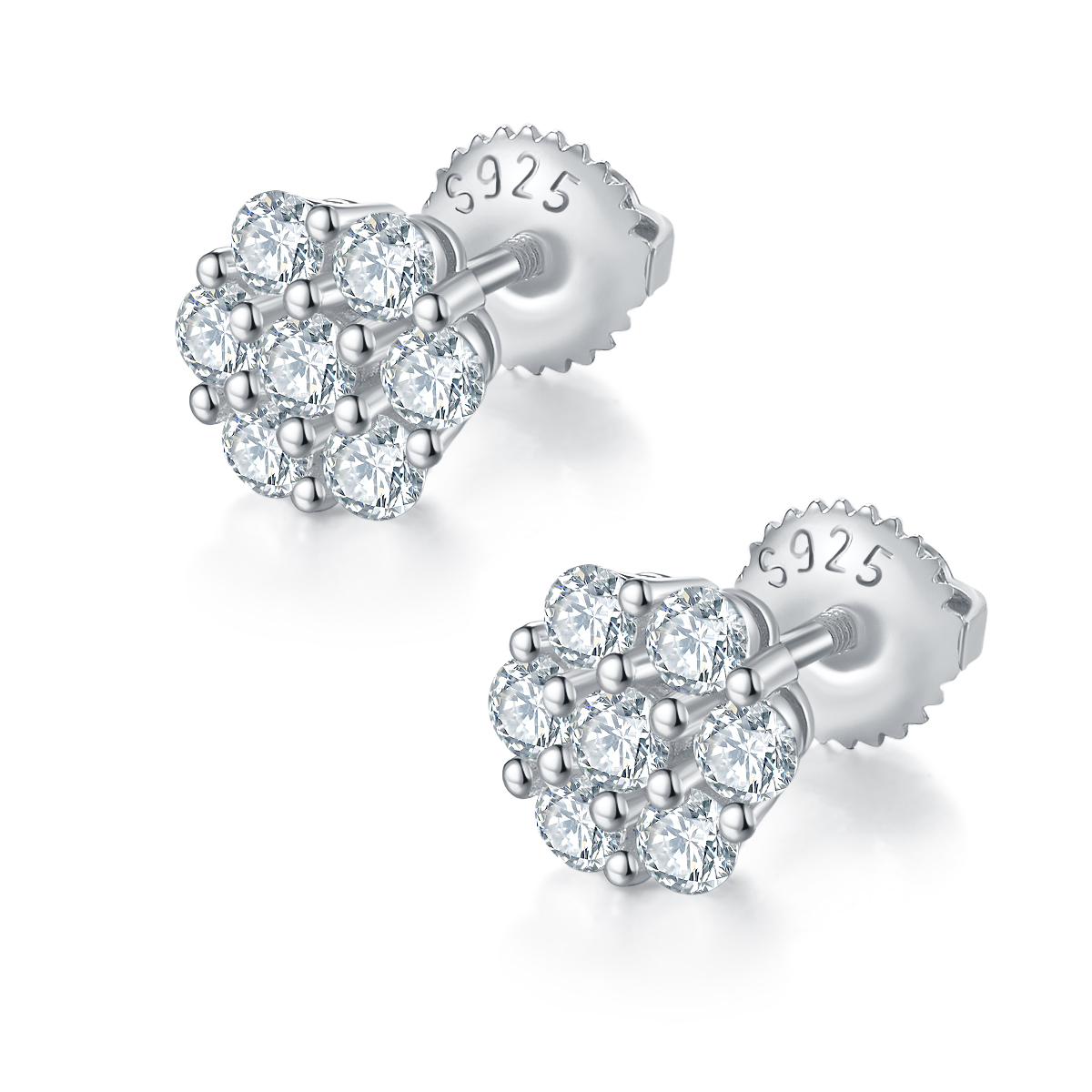 J015A Round Plum Blossom S925 Silver Earrings with Thread, Moissanite & D-Colour 0.84ct Diamond