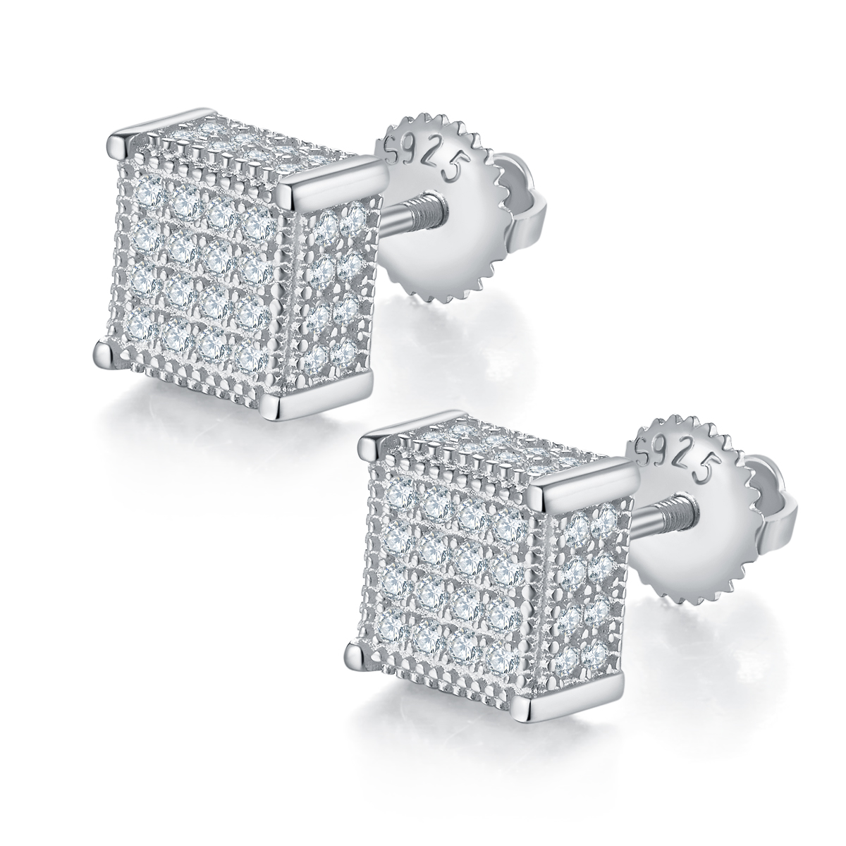 J017A Square Cube S925 Silver Earrings with Thread, Moissanite & D-Colour 0.77ct Diamond