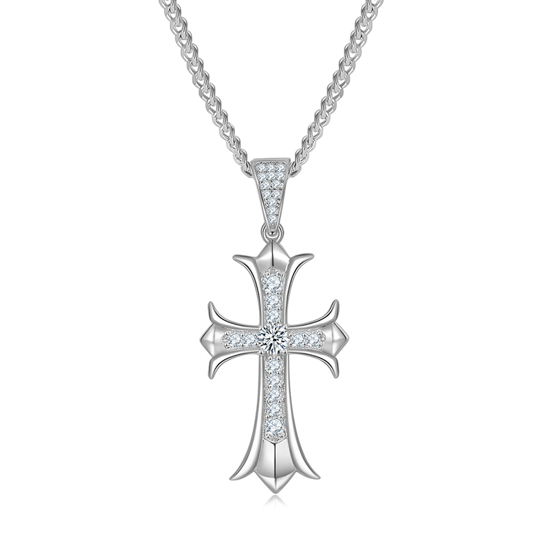 J003B Vintage Cross Necklace, S925 Silver Pendant with 4.0mm D-Grade Moissanite