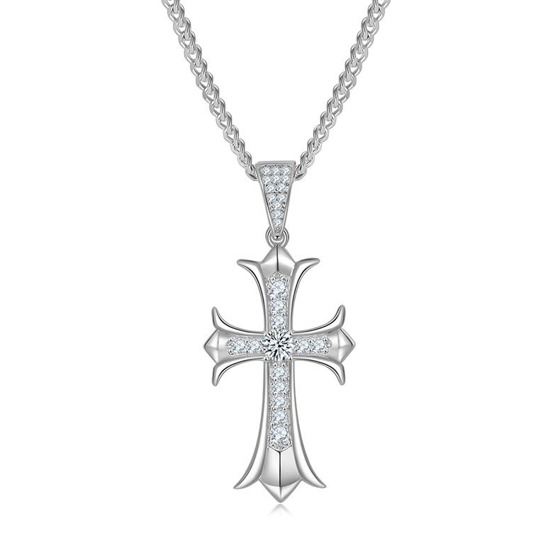 J003B Vintage Cross Necklace, S925 Silver Pendant with 4.0mm D-Grade Moissanite