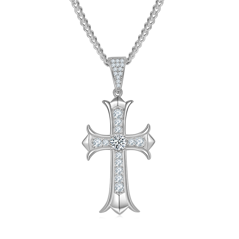 J003C Vintage Cross Necklace, S925 Silver Pendant with 5.0mm D-Grade Moissanite