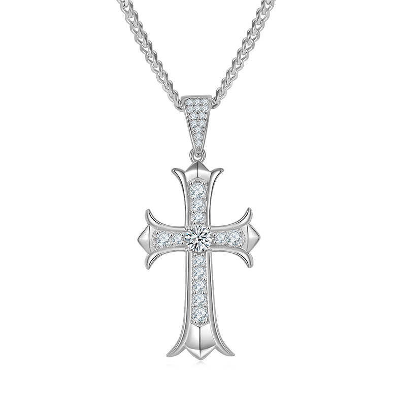 J003C Vintage Cross Necklace, S925 Silver Pendant with 5.0mm D-Grade Moissanite