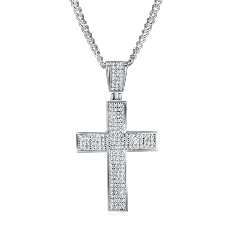 J004A Classic Pave-Set Cross Necklace, S925 Silver Pendant with D-Grade Moissanite Meelee Stones