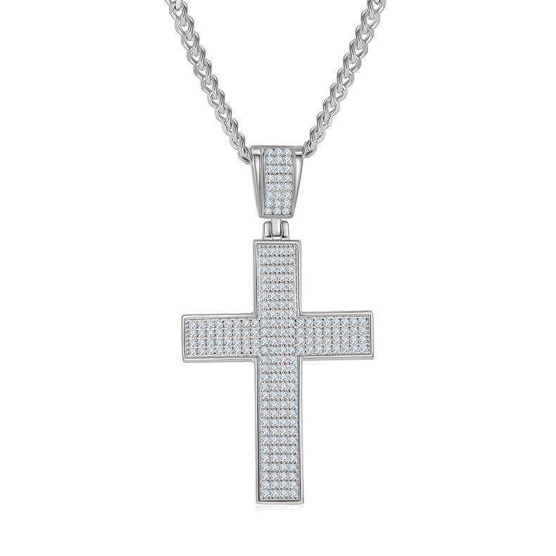 J004A Classic Pave-Set Cross Necklace, S925 Silver Pendant with D-Grade Moissanite Meelee Stones