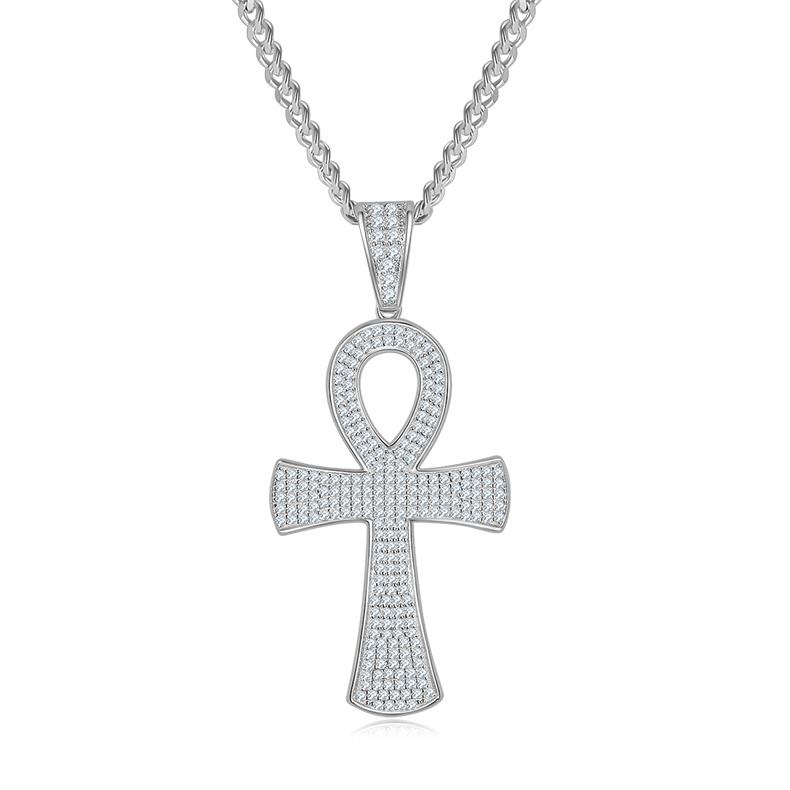 J005A Fashionable Pave-Set Cross Necklace, S925 Silver Pendant with D-Grade Moissanite Meelee Stones