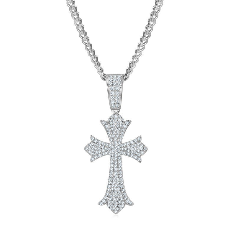 J006A Vintage Pave-Set Cross Necklace, S925 Silver Pendant with D-Grade Moissanite Meelee Stones