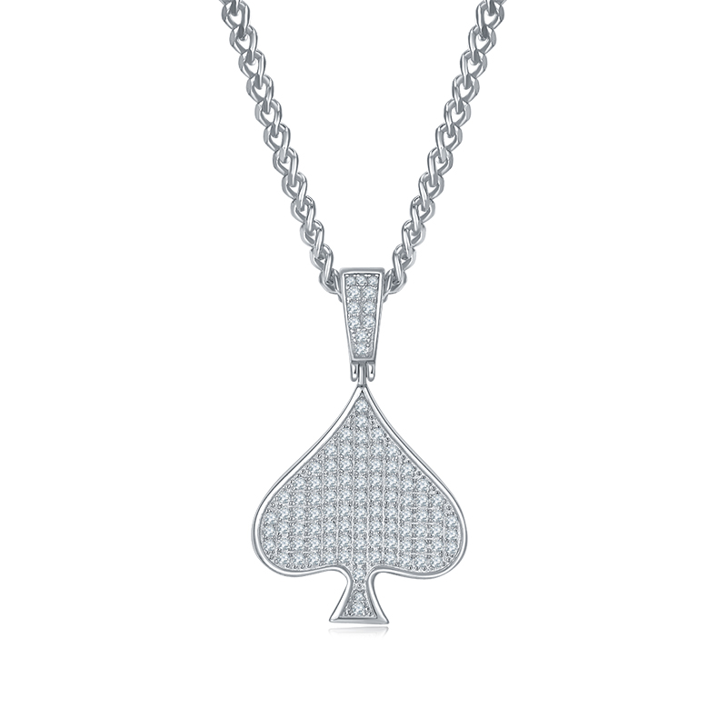  J007A Spade Hip-Hop Necklace, S925 Silver Pendant with D-Grade 0.78ct Moissanite
