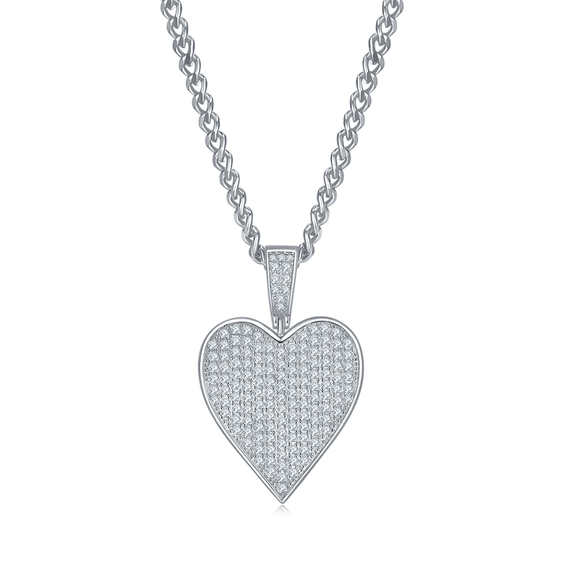 J008A Heart Hip-Hop Necklace, S925 Silver Pendant with D-Grade 1.2CT Moissanite Meelee Stones