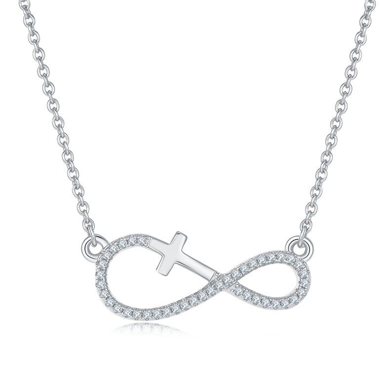 K018A "Infinite Love" Cross Pendant, S925 Silver, D-Grade 0.17ct Moissanite