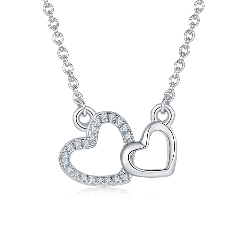 K026A Double-Heart Pendant, S925 Silver, D-Grade 0.10ct Moissanite
