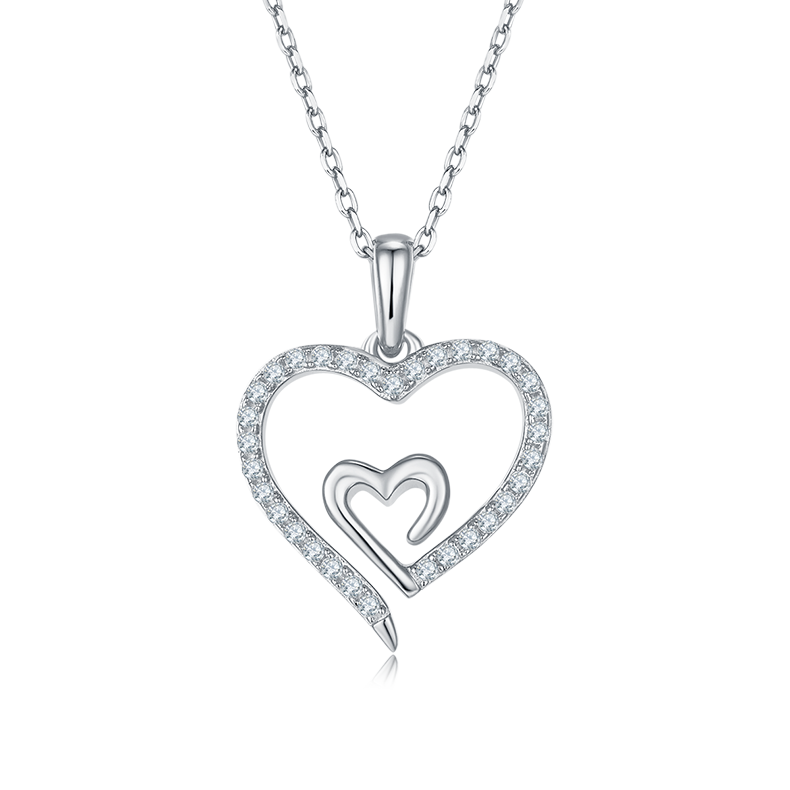 K028A Hidden-Heart Pendant, S925 Silver, D-Grade 0.32ct Moissanite