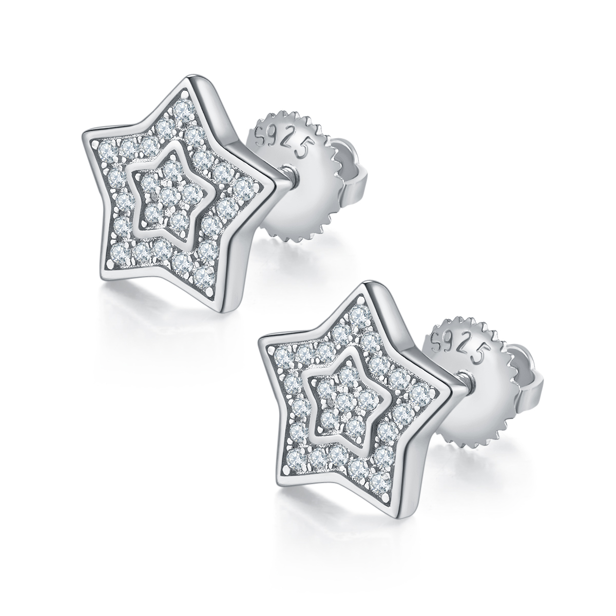 J022A Five-Point Star S925 Silver Earrings with Thread, Moissanite & D-Colour 0.27ct Diamond