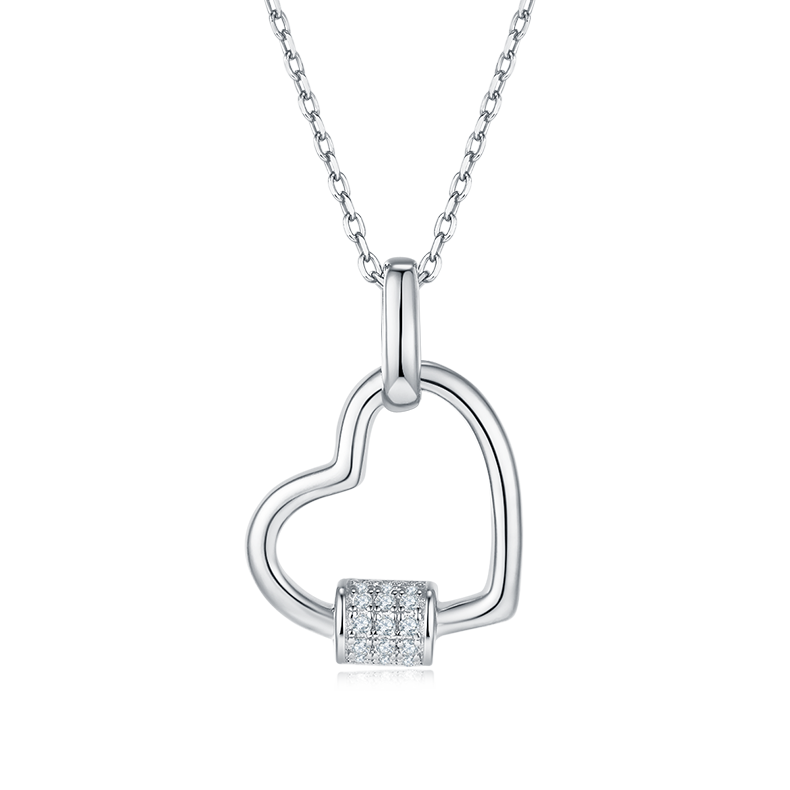 K030A Lock-Heart Pendant, S925 Silver, D-Grade 0.10ct Moissanite