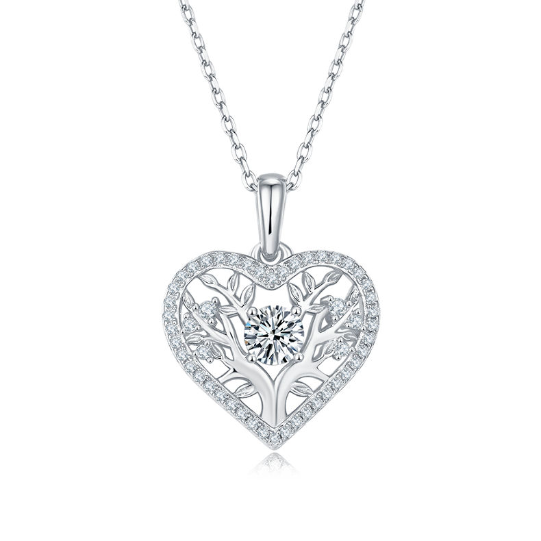 K031A Tree of Life Heart Pendant, S925 Silver, D-Grade 0.78ct Moissanite