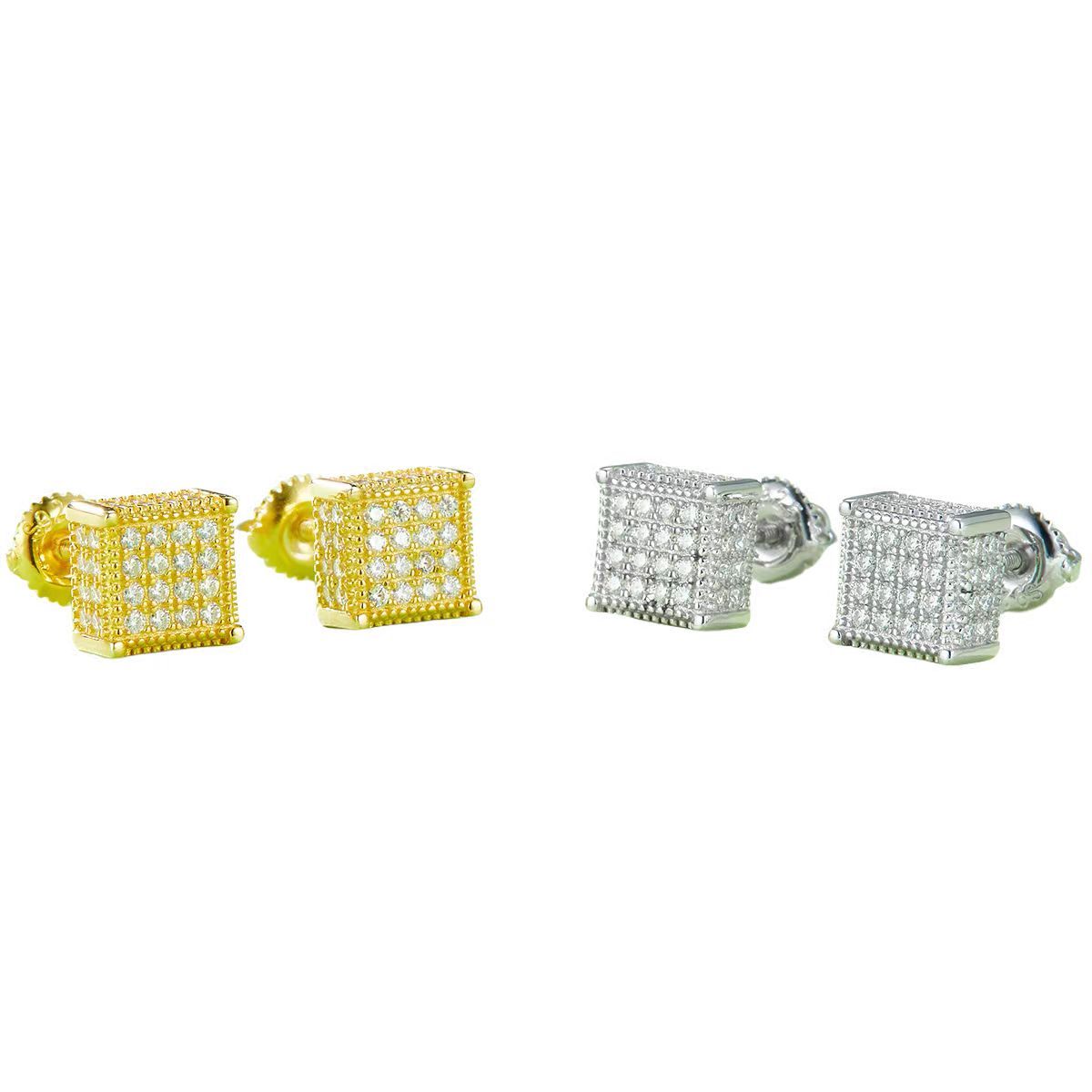 J017A Square Cube S925 Silver Earrings with Thread, Moissanite & D-Colour 0.77ct Diamond
